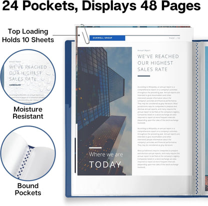 Dunwell Presentation Binder 24-Pocket, Displays 48 Pages, 8.5x11 Portfolio Binder with Plastic Sleeves, Storage and Organizer for Documents, Certificates, Projects, Photos (Blue)