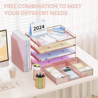 Desk Organizer and Accessories, 4-Tier Desktop File Organizer with Drawer and 2 Pen Holders, Office Desk Accessories for Office Supplies(Rose Gold)