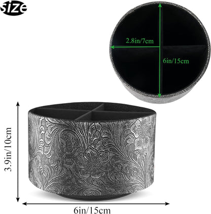 lizimandu Round Leather Art Supply Organizer,Remote Control Holder,360 Degree Spinning,Multi-Functional Pencil Holder,4 Compartments Desktop Stationary Organizer(1-Grey)