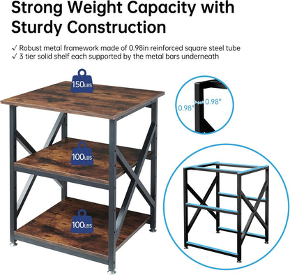 23.6 x 23.6 Inches Large Printer Stand, 3 Tier Square Printer Table with Height Adjustable Storage Shelf, Rolling Printer Cart with Industrial Wheels for Home Office - Rustic Brown