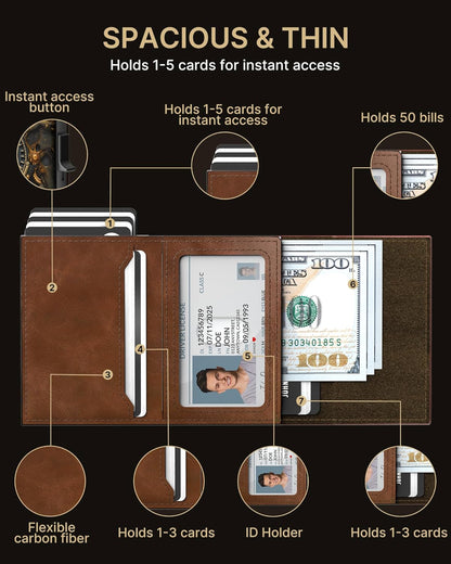 typecase Mens Wallet Card Holder: Pop Up Aluminum Case, Carbon Fiber Leather, Smart, RFID Blocking, Slim, Minimalist, Front Pocket - 9-14 Card Capacity | ID Window | Cash Slot (Skull)