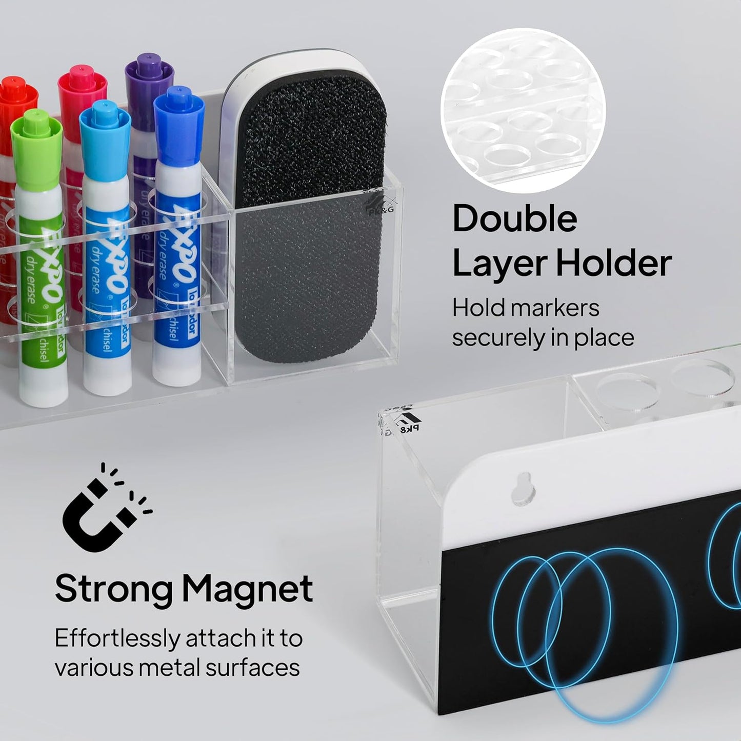 Strong Magnetic Dry Erase Marker Holder for Whiteboard, 8-Slot Acrylic Pen Organizer with Glass and Wall Mount Accessories for Fridge, Office, and Classroom. Markers, Eraser, Cleaner Not Included