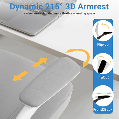 HYLONE Heavy Duty Office Chair, 5" Thickened Seat Ergonomic Desk Chair with Adjustable Armrests, Home Office Computer Chairs for Long Hours Mesh Executive Chair(White Base & Grey)