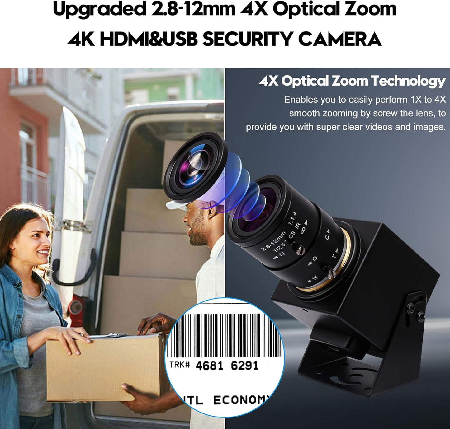 ELP 4K USB HDMI Camera Manual Zoom Webcam - Variable Focus H.264 Telescope USB Security Mini Close-up for Computer - 8mp IMX415 Industrial CCTV (2.8-12mm 4X Zoom Lens)