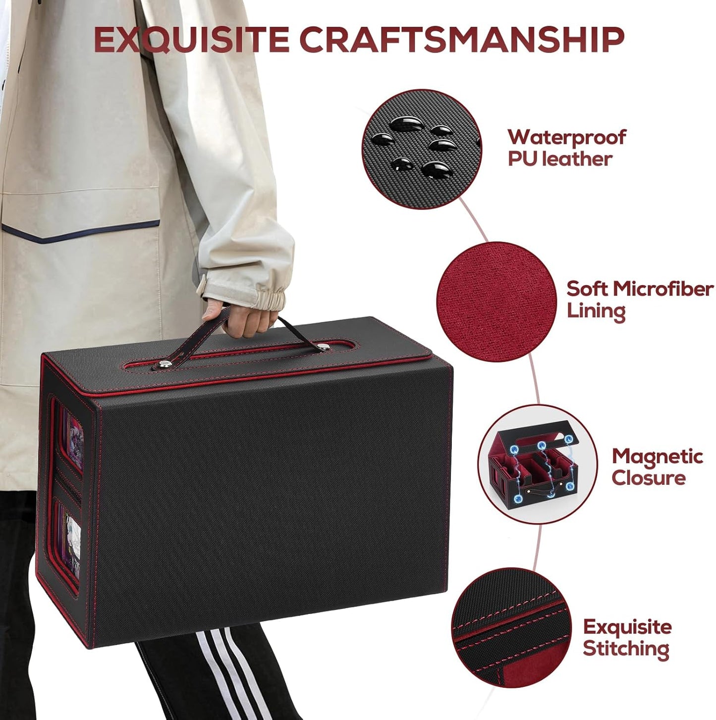 Trading Card Storage Box for MTG, card storage box with Commander Display，Multi-purpose Deck Case for MTG TCG Sports Card, 4 Toploaders, 4 Stoppers, 4 Colorful Dividers (Black & Red)