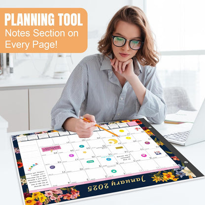 Gannyfer Desk Calendar 2025-2026, Large 22"x17" Desktop Calendars 18 Month Jan 2025 - Jun 2026, Monthly Planner Pad with Plastic Cover -Dark Floral