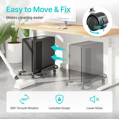 Adjustable PC Stand for Floor(400-510mm D, 160-300mm W), PC Tower Stand with 4 Caster Wheels, Ventilated Under Desk CPU Cart Holder for Office, Gamers, Black