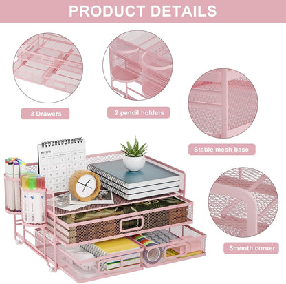 Marbrasse 3 Tier Mesh Desk Organizer with Drawer, Multi-Functional Desk Organizers and Accessories, Paper Letter Organizer with 2 Pen Holder for Home Office Supplies (Pink)
