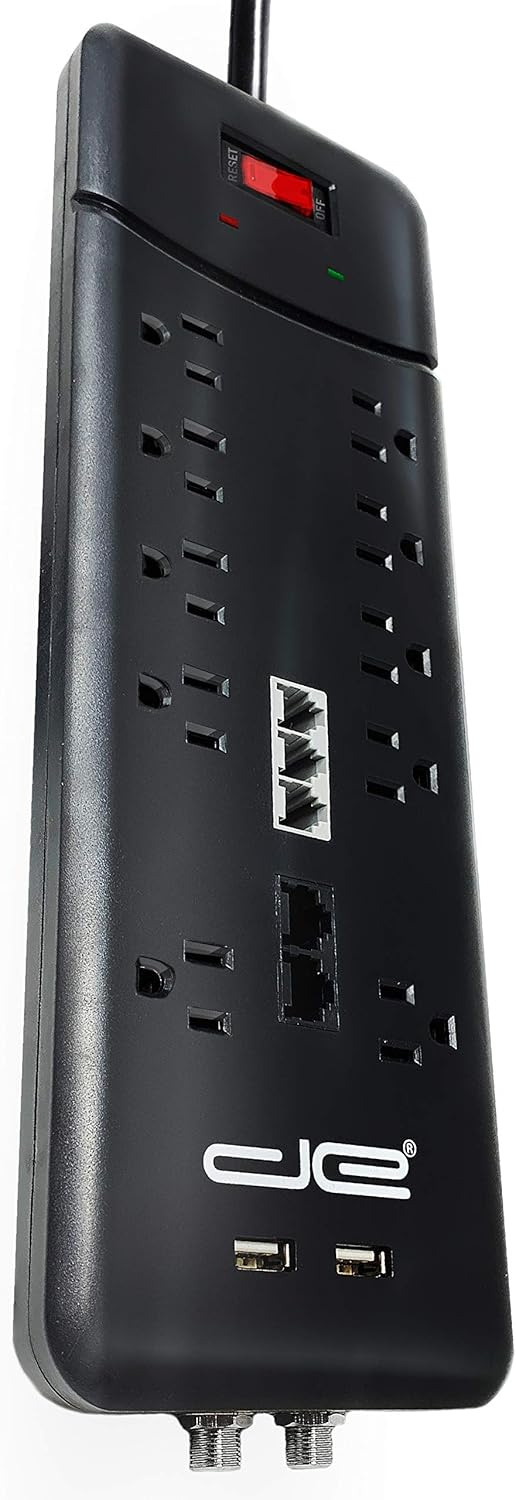 Digital Energy 10-Outlet Straight Plug 4050 Joules Heavy Duty Surge Protector Power Strip, 25 Foot Long Extension Cord, 15 AMP, 15 FT, Black