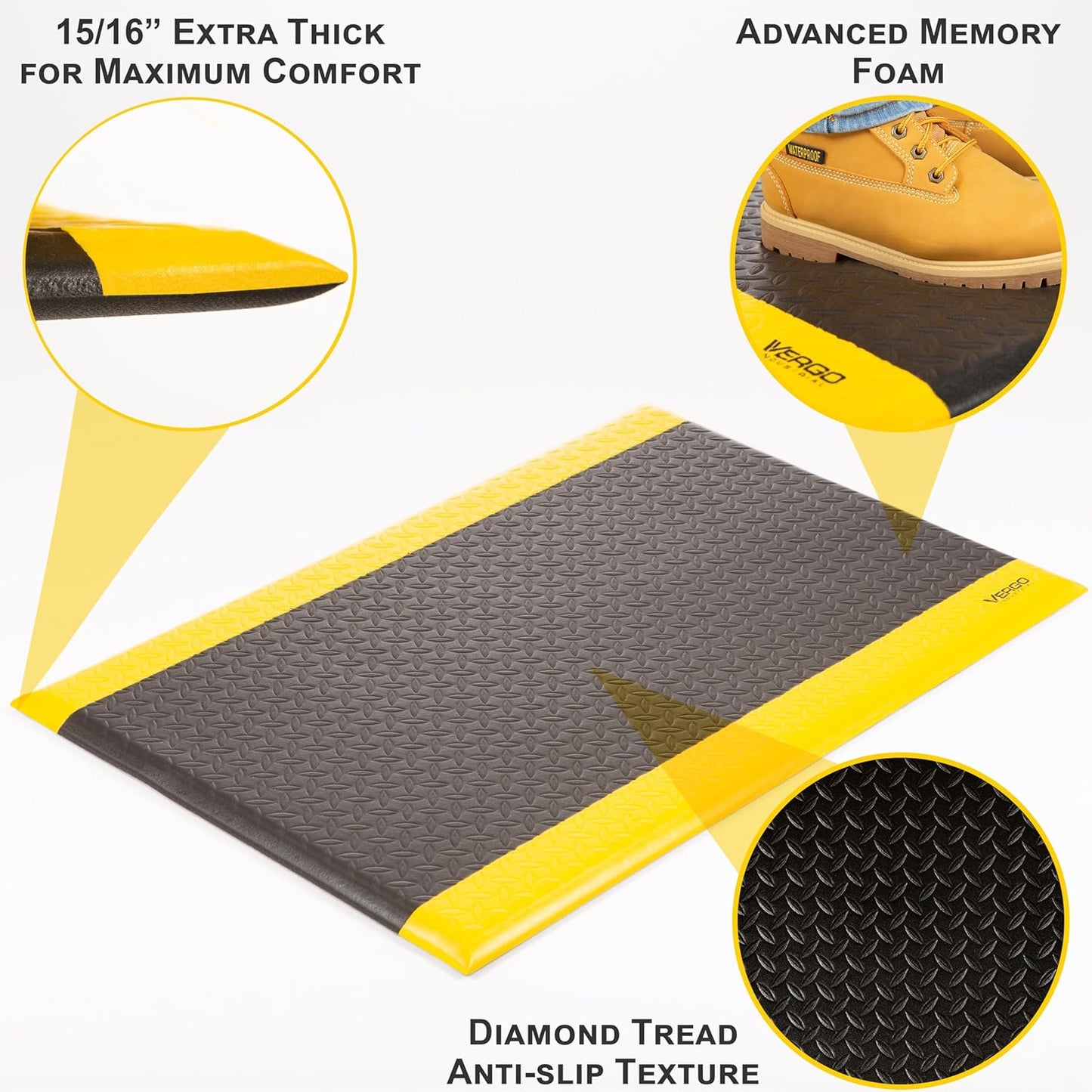 Vergo Industrial 15/16” Extra Thick Anti Fatigue Mat - Heavy Duty Commercial Grade Diamond Plate Ergonomic Standing, Non-Slip Black with Yellow Anti Fatigue Floor Mat for Work, Shop (1-Pack 3' x 5')