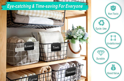 27-Piece Set of Basket Labels Clip On for Storage Bins: 10 Erasable Plastic Kitchen Pantry Labels, 16 Removable PVC Tag Stickers, 1 White Chalk Marker, for Organization Container, Jar, Shelf, Laundry