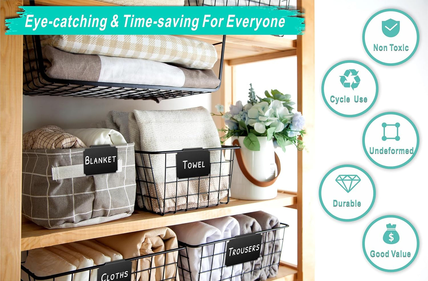 81-Piece Set of Basket Labels Clip On For Storage Bins: 30 Erasable Plastic Kitchen Pantry Labels, 48 Removable PVC Tag Stickers, 3 White Chalk Markers, For Organization Container, Jar, Shelf, Laundry