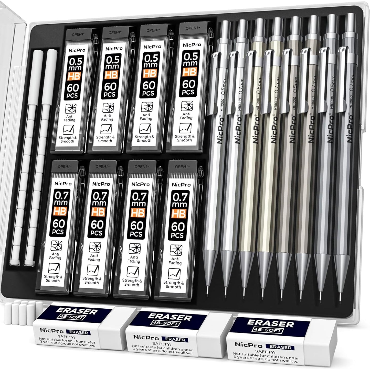 Nicpro 8 Pack 0.5mm & 0.7mm Metal Mechanical Pencil Set, MB1000 Lead Drafting Pencil for Artist Writing, Sketching, Drawing with 8 Tubes HB Lead Refills, 3PCS 4B Eraser, 9PCS Cap Eraser - With Case