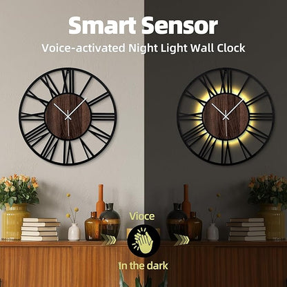 24 Inch Large Metal Wall Clock with Voice and Light Sensor Night Light, Glow in The Dark Non-Ticking Silent Battery Operated Decorative Oversized Wall Clock for Bedroom Living Room Decor
