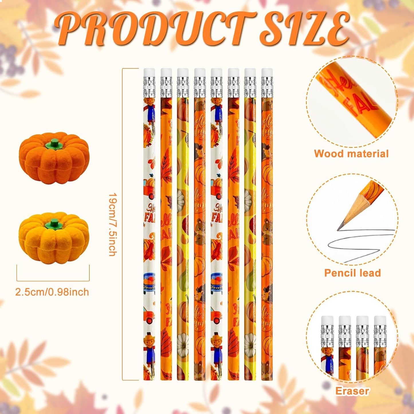 Cinrobiye 60 Pieces Fall Thanksgiving Day Pencils with Pumpkin Eraser Bulk Fall Party Favors Maple Leaf Autumn Pumpkins Pencils Erasers for Harvest School Party Teacher Rewarding Supplies