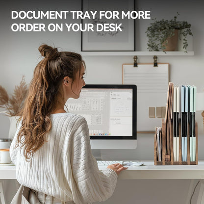 KIRIGEN Wooden Desk Mail Organizer 5 Slots File Paper Holder Desktop Wood Document Letter Holder Organizer for Home Office Dark Brown (5KWJJ-DBR)