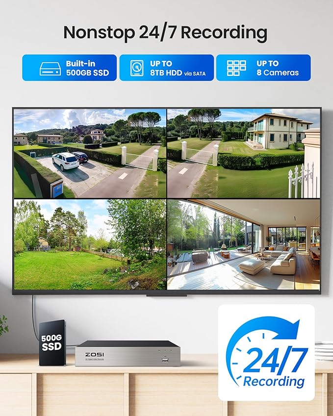 ZOSI 5MP Wired Security Camera System,4pcs 1080p Pan/Tilt 360°View Indoor Outdoor Camera,AI Human Vehicle Detection,Night Vision,One Way Audio,H.265+ 8CH DVR with 500GB SSD for 24/7 Recording