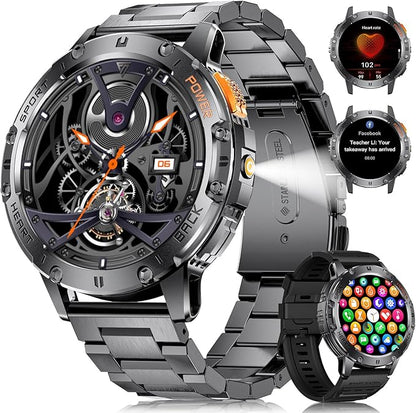 LIGE Military Smart Watch for Men (Answer/Make Calls),1.43’’ AMOLED Smartwatch with Flashlight/530mAh/Pedometer/100+ Sports,5ATM Waterproof Fitness Tracker for Android iOS,2 Straps