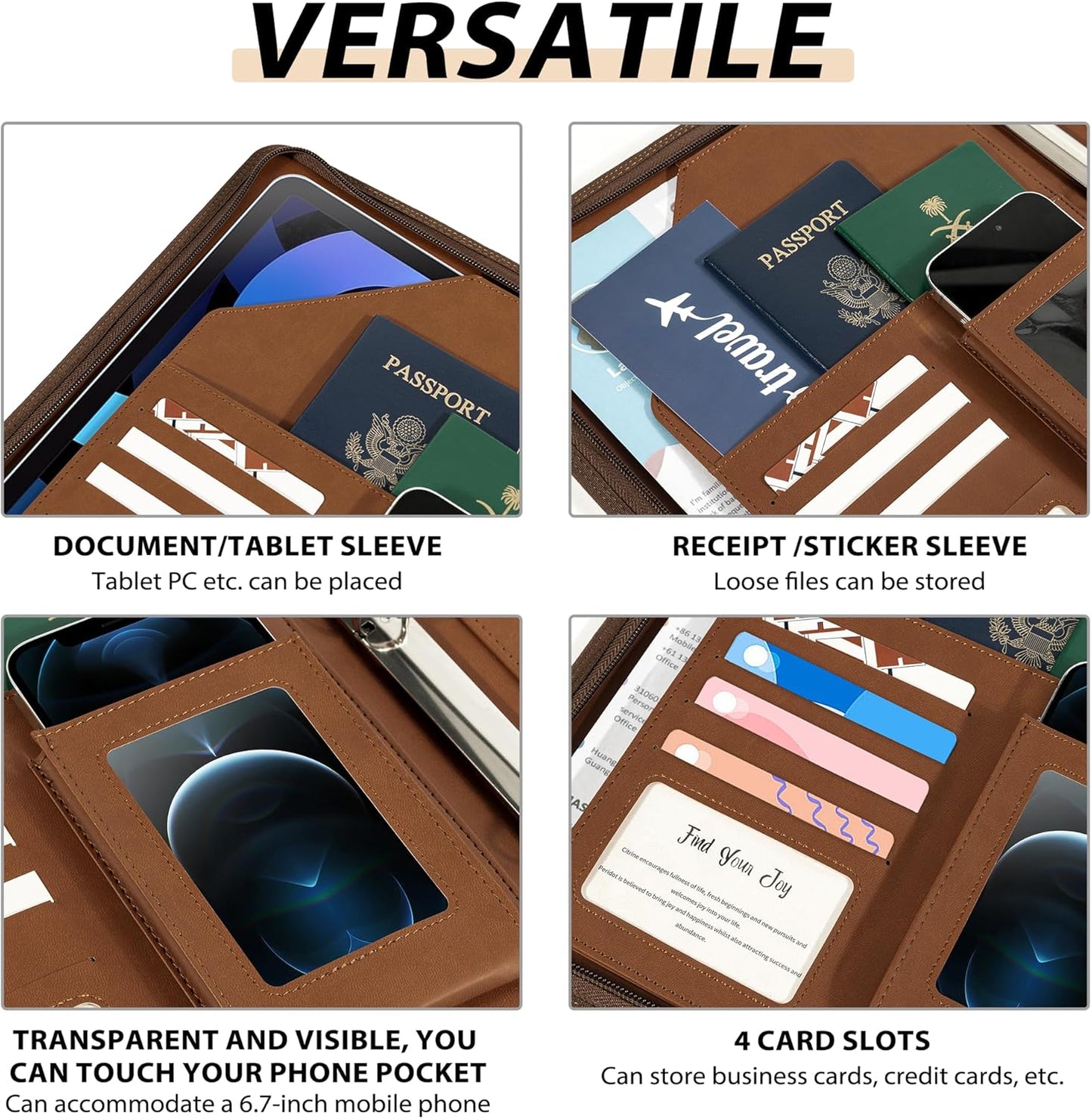 Leather Clipboard with Storage, Zippered Padfolio Portfolio Organizer, 3 Ring Binder 1 Inch, Notepad, Tablet Sleeve, 5 Dividers with Pocket, Stickets for Office, Nurses, Students, Teachers Brown