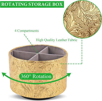 lizimandu Round Leather Art Supply Organizer,Remote Control Holder,360 Degree Spinning,Multi-Functional Pencil Holder,4 Compartments Desktop Stationary Organizer(1-Carved Gold)