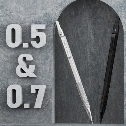 Four Candies 2PCS Metal Mechanical Pencils Set with Case, 0.5mm & 0.7 mm Artist Pencil with 6 Tubes (360PCS) HB Lead Refills, 3 Erasers,9 Eraser Refills For Writing Drafting, Drawing, Black&Silver