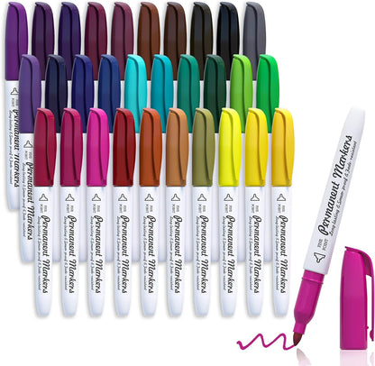 Lelix 30 Colors Permanent Markers, Fine Point, Assorted Colors, Works on Plastic,Wood,Stone,Metal and Glass for Kids Adult Coloring Doodling Marking