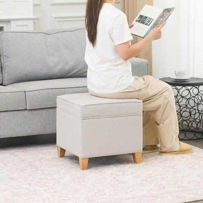Adeco 17.5" Square Fabric Ottoman with Storage - Upholstered Cotton Linen Foot Rest - Flip Top Footstool with Sturdy Wood Legs, Small Cube Coffee Table Extra Seat for Living Room, Bedroom, White
