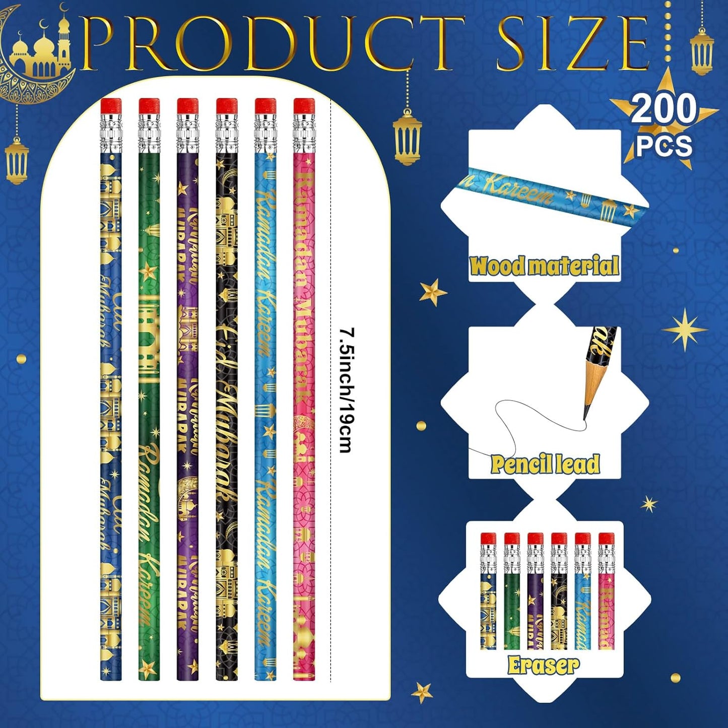 200 PCS Ramadan Pencils Eid Mubarak Wood Pencils with Eraser Ramadan Mubarak Party Favors Gifts Stationery Pencil Bulk for School Classroom Office Giveaways Prizes Islamic Party Favors Supplies