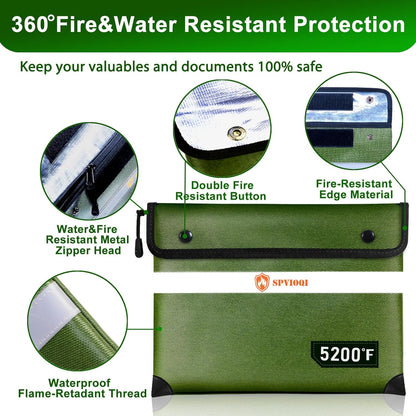 Upgraded Fireproof Document Bag 5200°F -Heat Insulated, Water Fire Proof Bag with Zipper, 8 Layers of Functional Materials, 14.2 X 11” Fire Proof Money Bag for Cash, Important Documents and Valuables