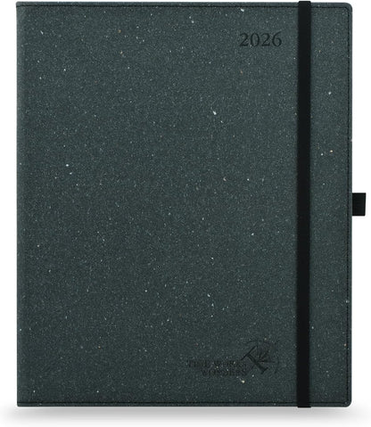 POPRUN 2026 Planner - 2026 Recycled Weekly Planner[8.5''x 10.5''- Italian Regenrated Leather Hard Cover] with Hourly Schedule & Vertical Weekly Layout, Monthly Tabs, Inner Pocket - Black Grey