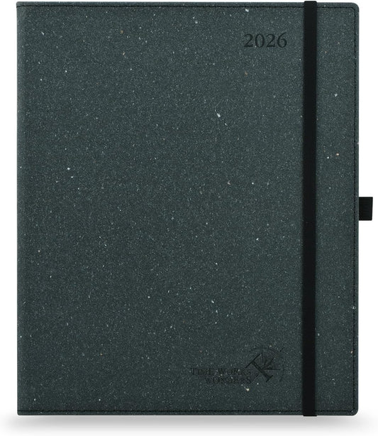 POPRUN 2026 Planner - 2026 Recycled Weekly Planner[8.5''x 10.5''- Italian Regenrated Leather Hard Cover] with Hourly Schedule & Vertical Weekly Layout, Monthly Tabs, Inner Pocket - Black Grey