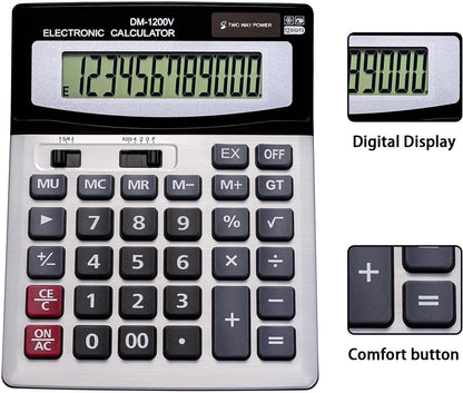 12 Digit Desktop Calculator with Large LCD Display and Sensitive Button, Dual Solar Power and Battery, Standard Function for Office (YE1200v)