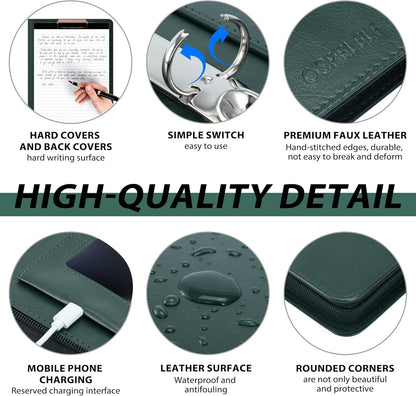 Leather Clipboard with Storage, Zippered Padfolio Portfolio Organizer, 3 Ring Binder 1 Inch, Notepad, Tablet Sleeve, 5 Dividers with Pocket, Stickets for Office, Nurses, Students, Teachers Green