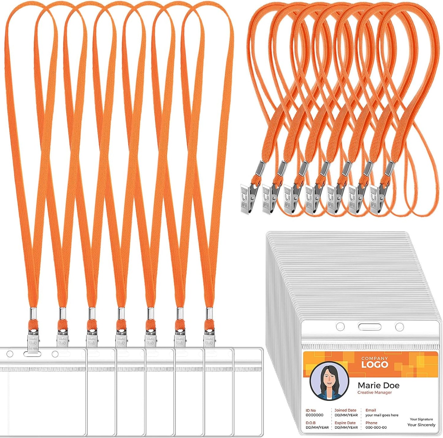Marspark 50 Sets Clear Name Tags with Lanyard, Lanyards for ID Badges Reusable Strap with ID Holder Plastic Name Badges for Adults Business School Church Conference (Orange)