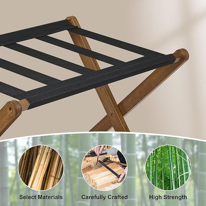 VASMIA Luggage Rack, Folding Suitcase Stand with Storage Shelf,Bamboo Luggage Stand for Guest Room,Bedroon and Hotel,Holds up to 131 lb,Fit Most Luggage Size,Walnut