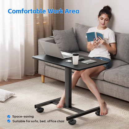 Mobile Small Standing Rolling Desk Adjustable Height, Portable Laptop Desk on Wheels, Workstation for Home Office with Hook, Black