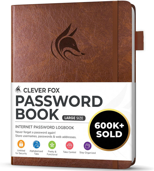 Clever Fox Password Book with alphabetical tabs. Internet Address Organizer Logbook. Large Password Keeper for Website Logins (Brown)