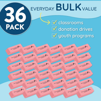 Blue Summit Supplies Pink Erasers, Bulk Erasers for Art, School, and Office Use, Classroom Set, 36 Pack