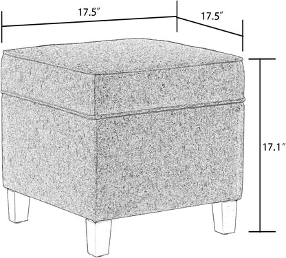 Adeco 17" Square Ottoman with Storage, Small Blue Storage Ottoman Foot Rest with Hinged Lid & Solid Wood Legs, Linen Fabric Foot Stool for Living Room & Bedroom