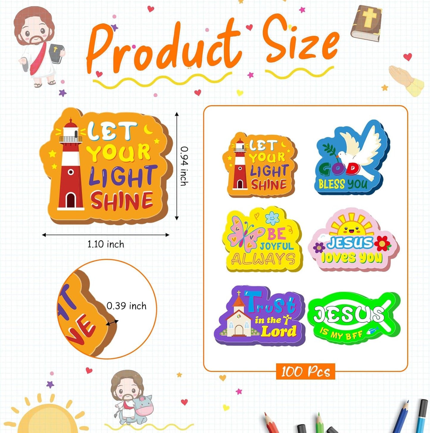 Cinrobiye 100 PCS Bible Verses Pencil Erasers Bulk Inspirational Scripture Eraser Christian Religious Favor Goody Bag Filler Gifts for Students Classroom Office Teacher Prizes Reward School Supplies