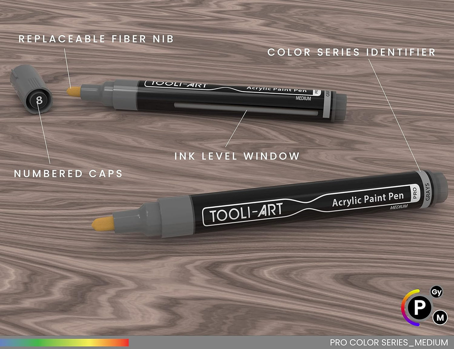TOOLI-ART 22 Acrylic Paint Markers Paint Pens Pro Color Series Set 3mm Medium Tip for Rock Painting, Glass, Mugs, Wood, Metal, Glass Paint, Canvas, DIY. Non Toxic, Waterbased, Quick Drying (GRAYS)
