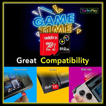 addlink 512GB Micro SD Card for Gaming Nintendo-Switch 1 4K Camera Pro A2 V30 for Smartphone, Gopro, Action Cams, 4K UHD Video Recording Up to 100MB/s, UHS-I U3 C10 Class 10 with Adapter