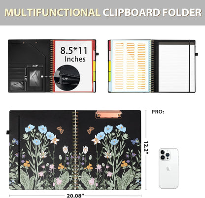 Clipboard with Storage for Men Women, Leather Padfolio Portfolio Organizer 5 Folders with 10 Pockets, Spiral Clipboard Folio with Notepad for Letter Size, Elastic Closure and Pen Loop Floral