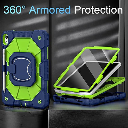 Case for iPad (A16) 11th/10th Generation 2025/2022,Heavy Duty Shockproof 10th Generation iPad Case with 360° Rotating Stand Screen Protector for i Pad 11.0/10.9 Inch Cover,Navy Green