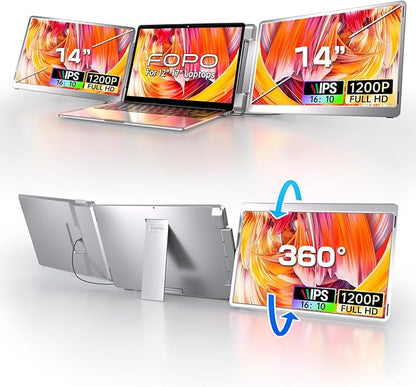 FOPO 14" Triple Monitor Laptop Screen Extender-FHD 1200P 16:10 Laptop Screen Extender, Left Screen 360° Flip Portable Monitor for 12-16.5" Laptops with HDMI/USB-C, Plug & Play - S7
