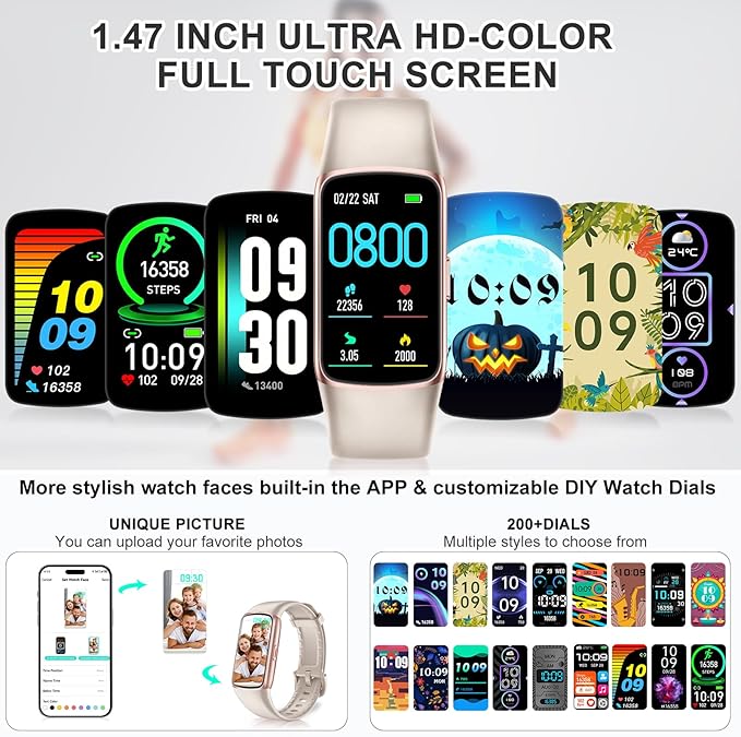 Fitness Tracker Step Counter with 24/7 Heart Rate Blood Oxygen Sleep Monitor, 1.47'' AMOLED Touch Color Screen Fitness Watch, Smart Watches for Women Men
