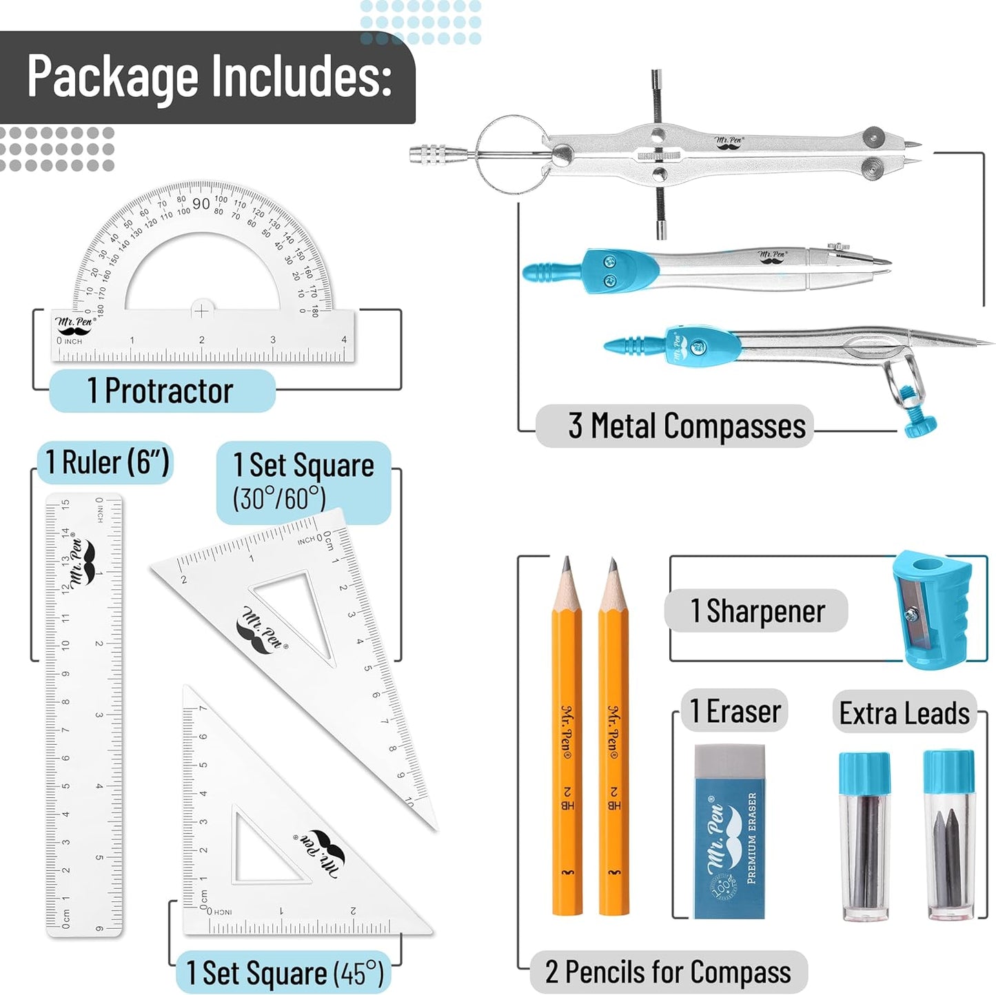 Mr. Pen 13 Piece Geometry Set with Shatterproof Storage Box, Blue