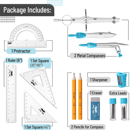 Mr. Pen 13 Piece Geometry Set with Shatterproof Storage Box, Blue