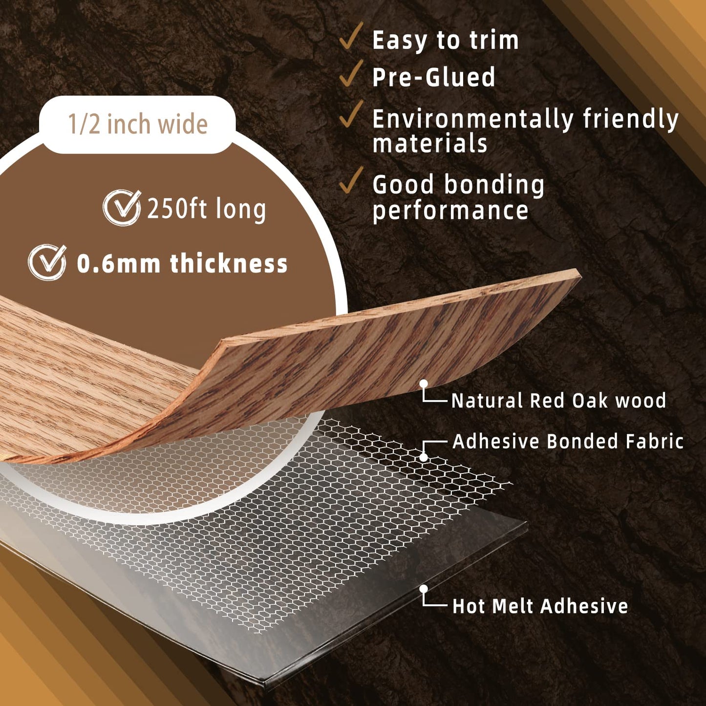 GSCIT Club Red Oak Edge Banding, 1/2 inch x 250ft roll of Veneer Plywood Edge Banding Preglued Flexible, Wood Tape Banding for Cabinet Repair