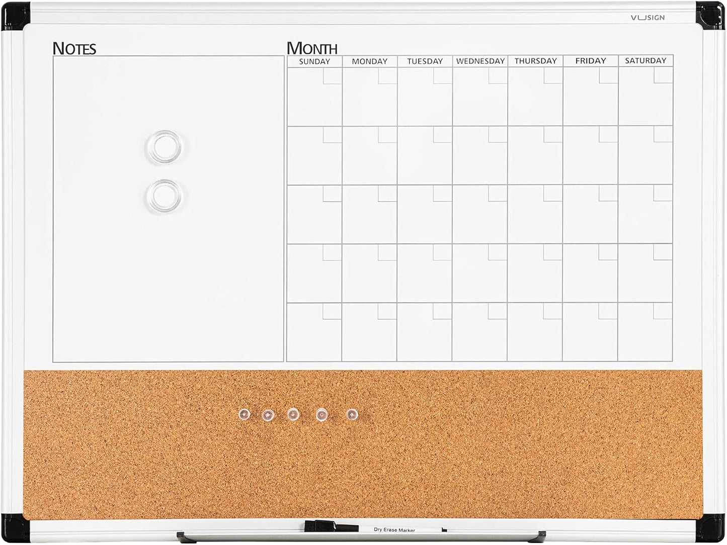 VUSIGN Monthly Calendar Whiteboard Dry Erase Cork Board Combo, 18" x 24" Planning Board, Silver Aluminium Frame